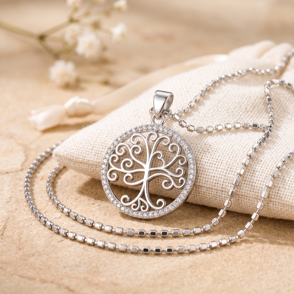 Zilverkleurig Levensboom Collier met Zirkonia